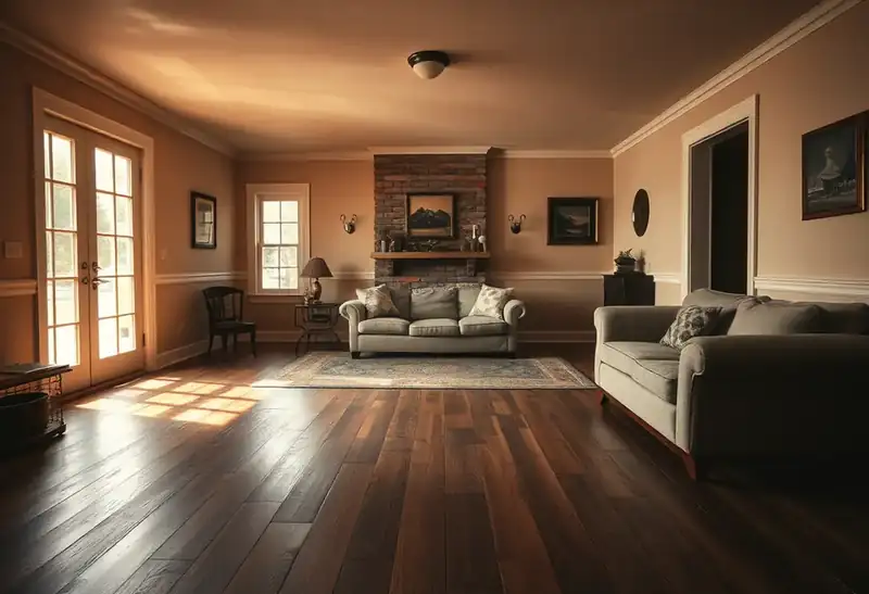 Illustration of living room with new plank flooring in a 1949-era home
