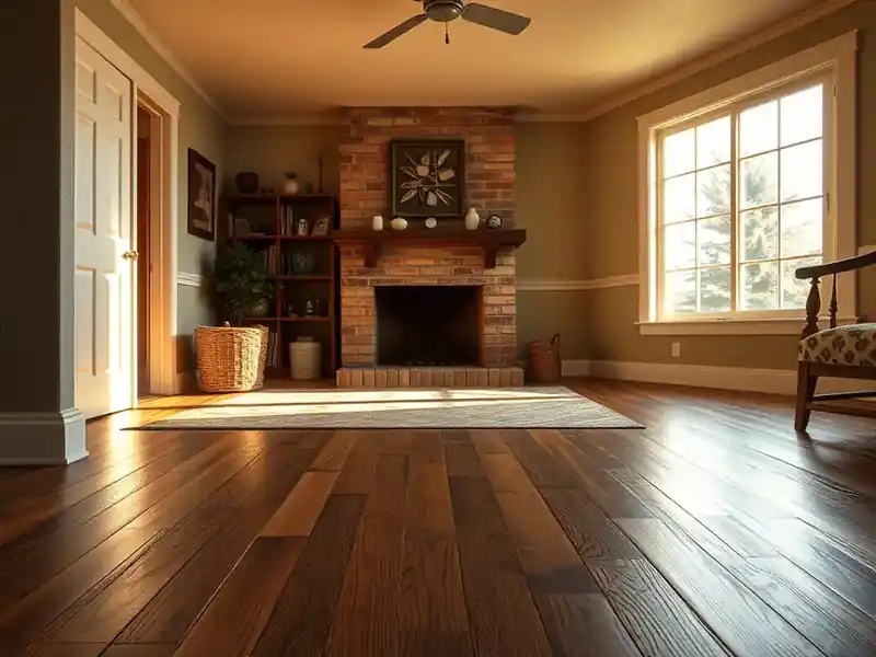 Illustration of close-up of materials and finishes of living room with new plank flooring in a 1949-era home