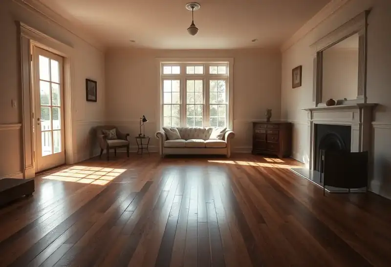 Illustration of living room with new plank flooring in a 1949-era home
