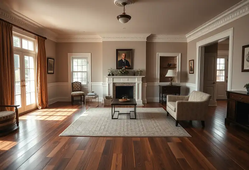 Illustration of living room with new plank flooring in a 1949-era home