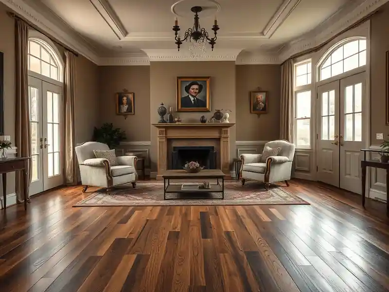 Illustration of close-up of materials and finishes of living room with new plank flooring in a 1949-era home