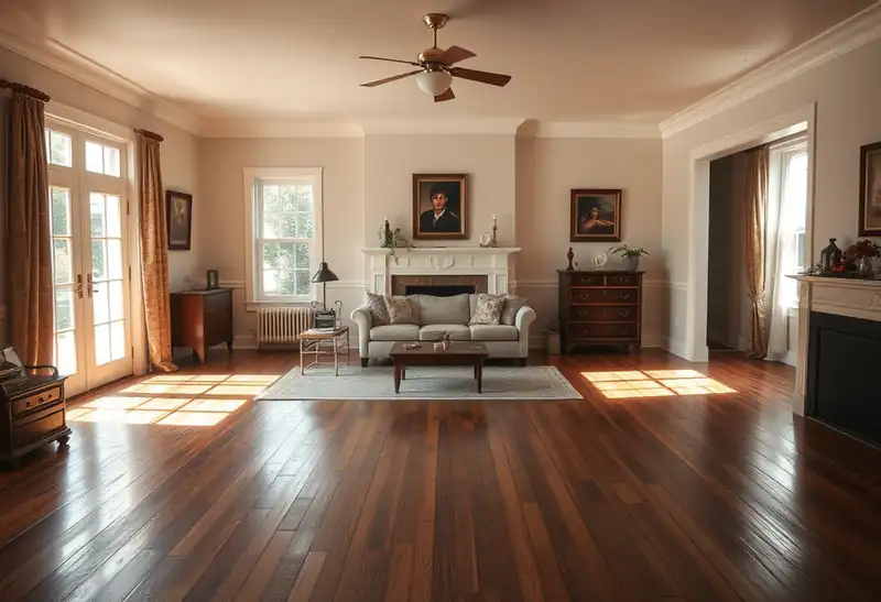 Illustration of living room with new plank flooring in a 1949-era home