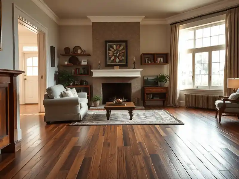 Illustration of close-up of materials and finishes of living room with new plank flooring in a 1949-era home