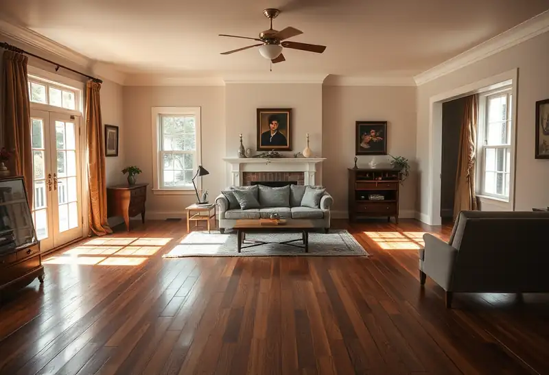 Illustration of living room with new plank flooring in a 1949-era home