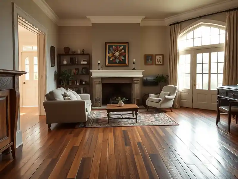 Illustration of a cozy living room with plank flooring and traditional decor.