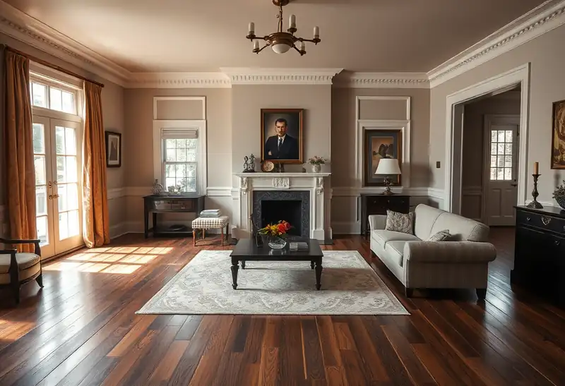 Illustration of living room with new plank flooring in a 1949-era home