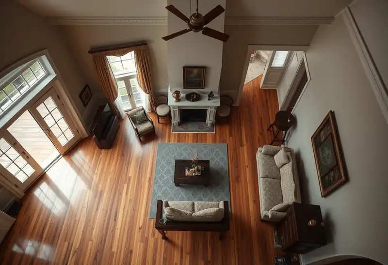 Illustration of living room with new plank flooring in a 1949-era home
