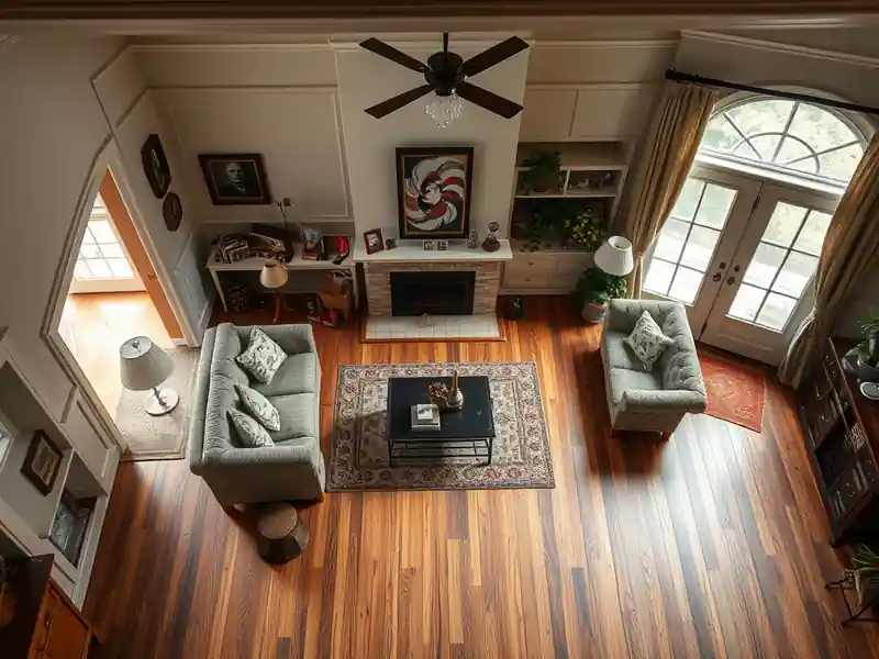 Illustration of close-up of materials and finishes of living room with new plank flooring in a 1949-era home
