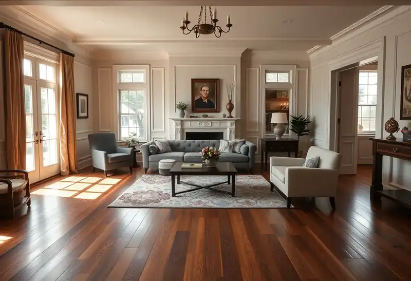 Illustration of living room with new plank flooring in a 1949-era home