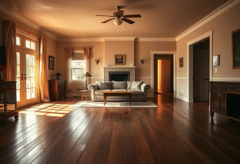 Illustration of living room with new plank flooring in a 1949-era home