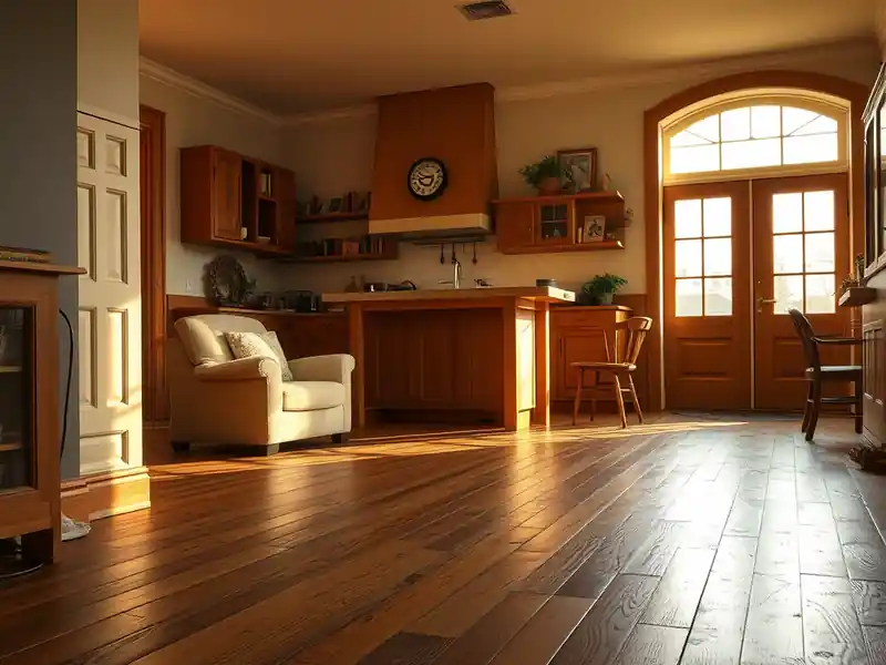 Illustration of close-up of materials and finishes of living room with new plank flooring in a 1949-era home