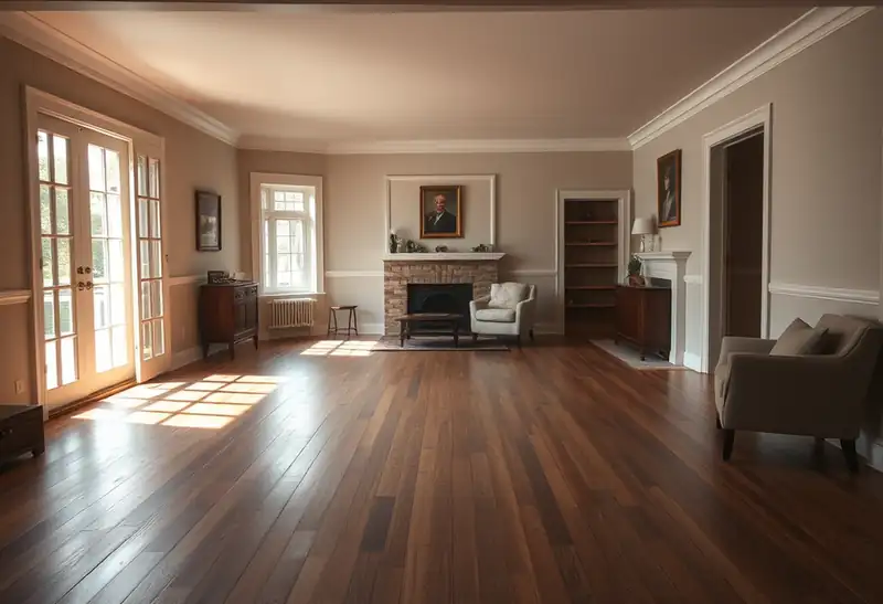 Illustration of living room with new plank flooring in a 1949-era home