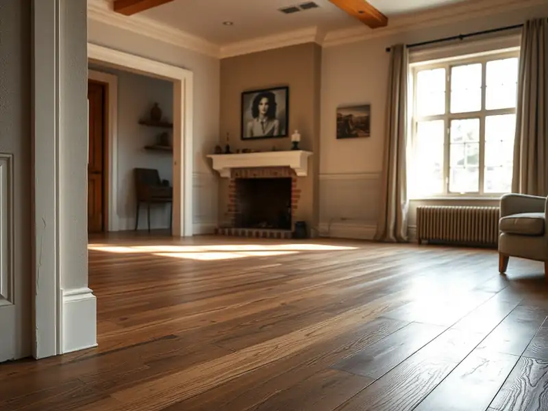 Illustration of close-up of materials and finishes of living room with new plank flooring in a 1949-era home