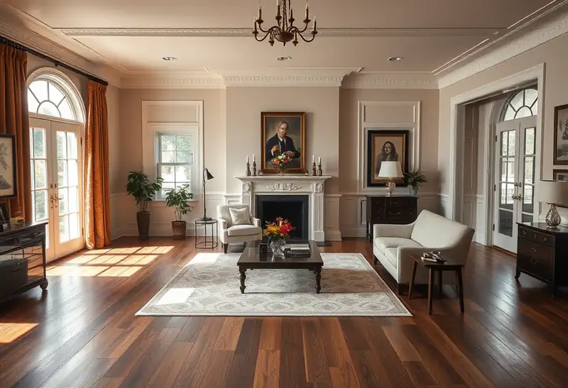 Illustration of living room with new plank flooring in a 1949-era home