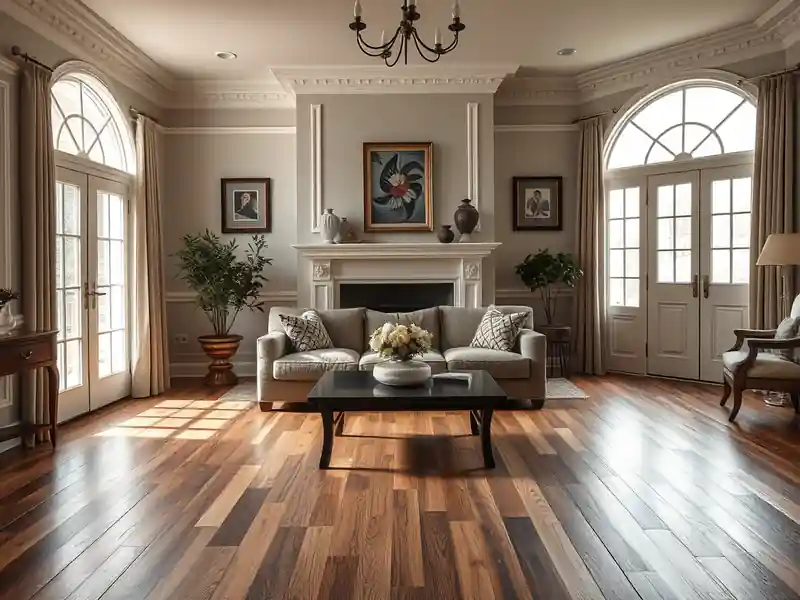 Illustration of close-up of materials and finishes of living room with new plank flooring in a 1949-era home