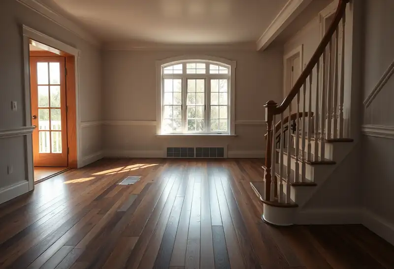 Illustration of living room with new plank flooring in a 1949-era home