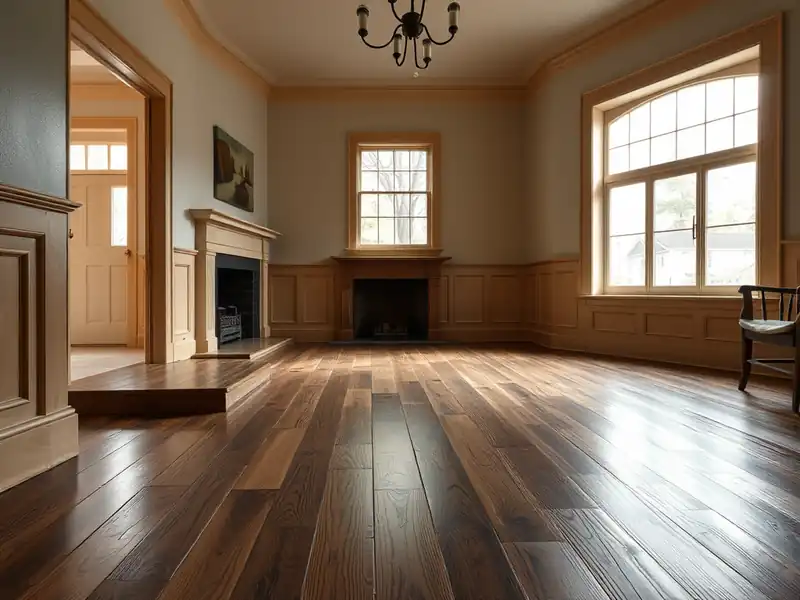 Illustration of close-up of materials and finishes of living room with new plank flooring in a 1949-era home