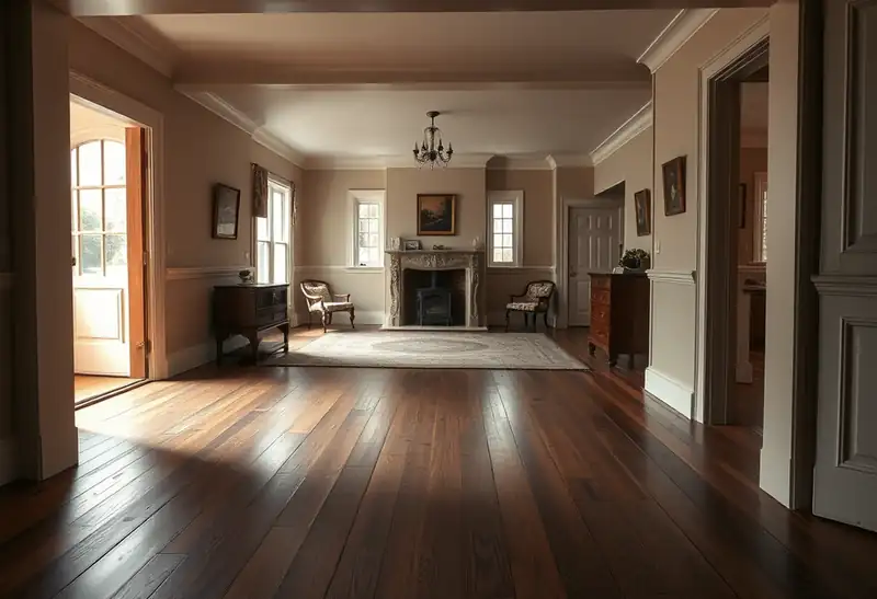 Illustration of living room with new plank flooring in a 1949-era home