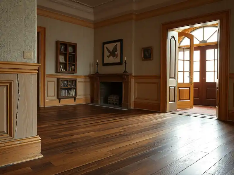 Illustration of close-up of materials and finishes of living room with new plank flooring in a 1949-era home