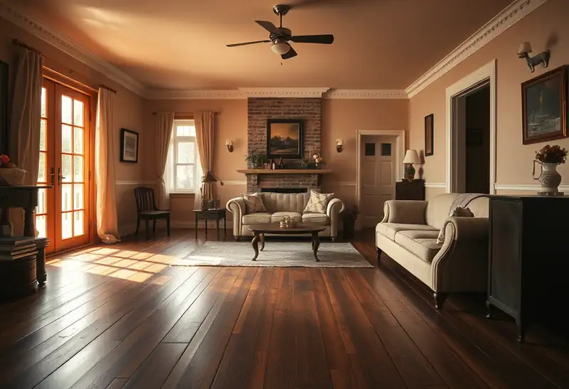 Illustration of living room with new plank flooring in a 1949-era home