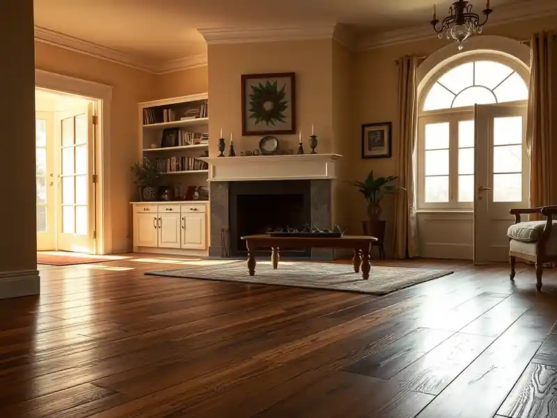 Illustration of close-up of materials and finishes of living room with new plank flooring in a 1949-era home