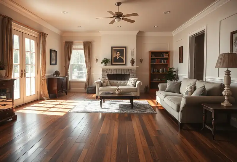 Illustration of living room with new plank flooring in a 1949-era home