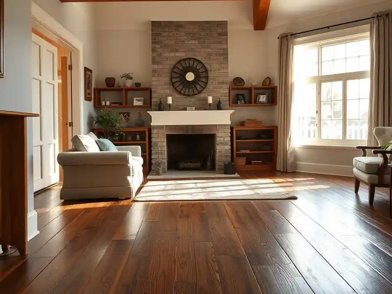Illustration of close-up of materials and finishes of living room with new plank flooring in a 1949-era home
